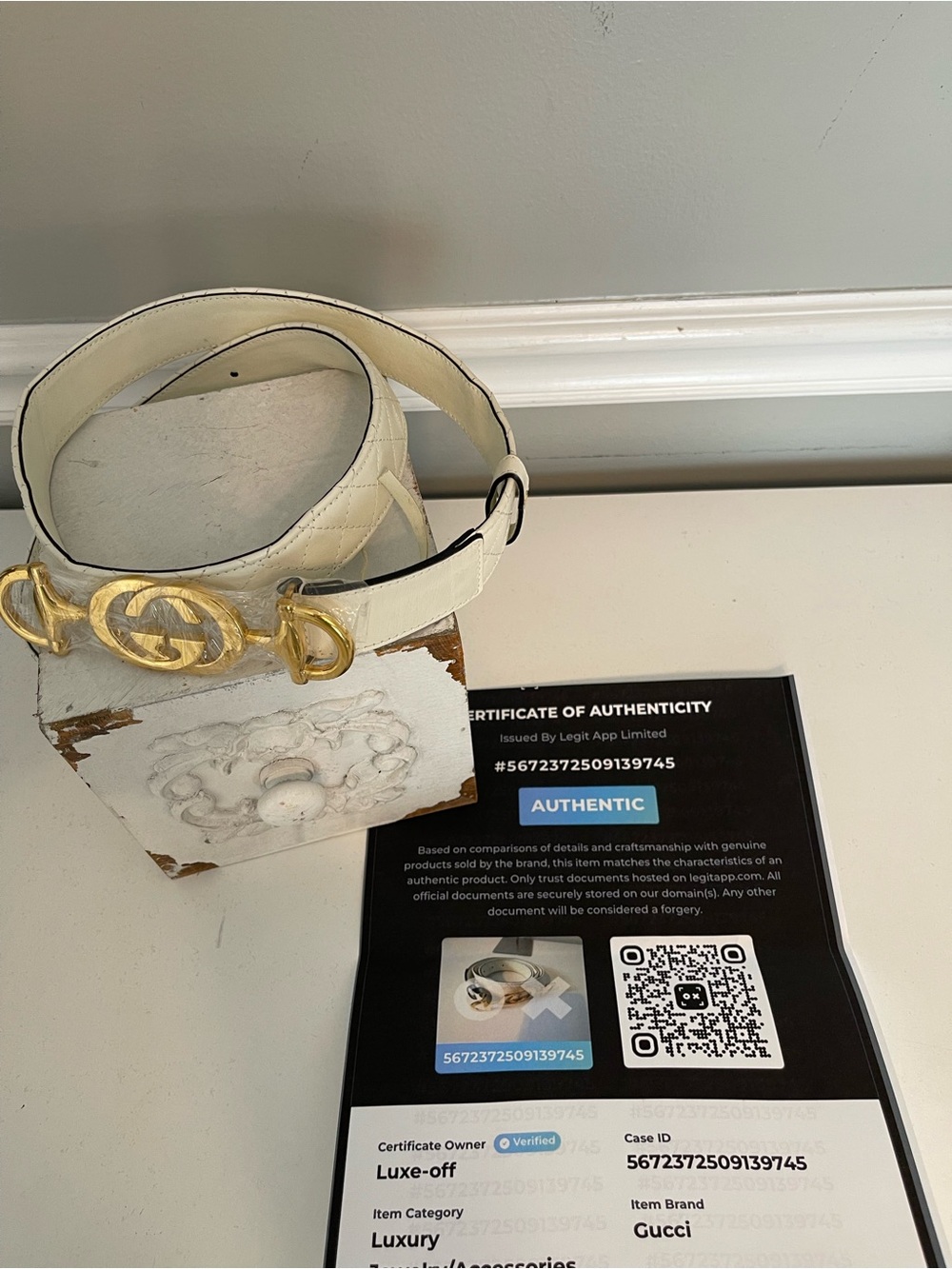 Gucci Off-White Cream Horse bit Trapunata Zumi InterlockGG Belt Gold Buckle 34